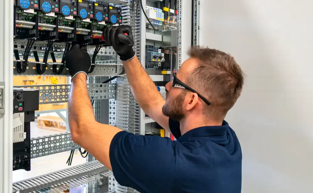 Électricien indépendant installant un tableau électrique en France.