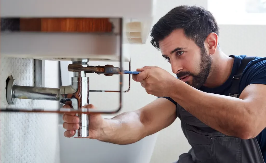 Plombier indépendant en intervention chez un client avec des outils professionnels.