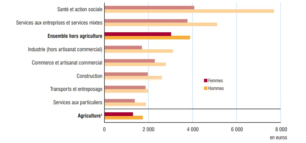 Graphique montrant l’écart de revenus entre hommes et femmes parmi les travailleurs indépendants en France.

